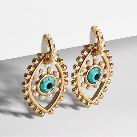 Pearl Embellished Evil Eye Drop Earrings - Picture 1 of 3
